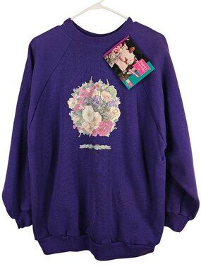 Vintage Hanes Womens Sweatshirt Purple 1X Cotton/Acrylic Floral Print Raglan NWT